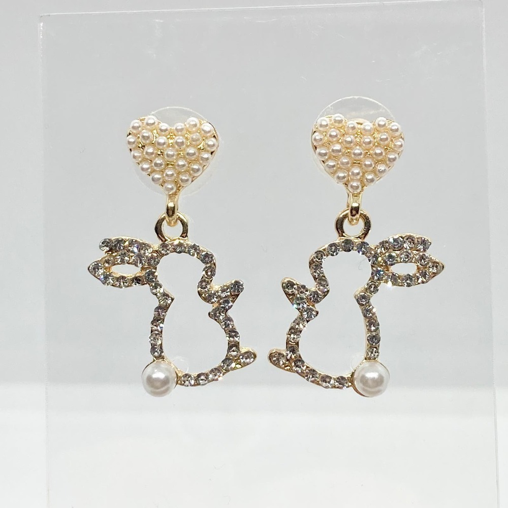 Pearl Rhinestone Dangle Easter Bunny Rabbit Earrings - Picture 3 of 13